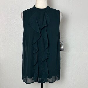 1246NWT  I. N. Studio Chic Dark Green Sleeveless Ruffle Blouse. SzXL